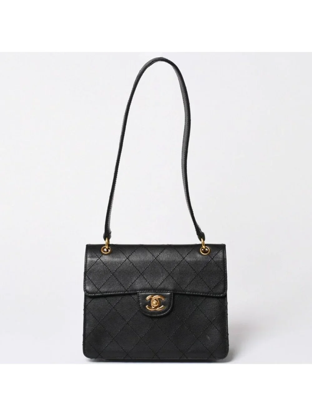 Chanel Quilted Bag CC Logo Caviar Leather Black Gold